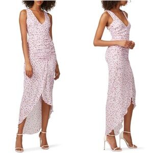 NICHOLAS Pink Purple Silk Floral Drape Front Ruched Hi Low Midi Dress Size 2